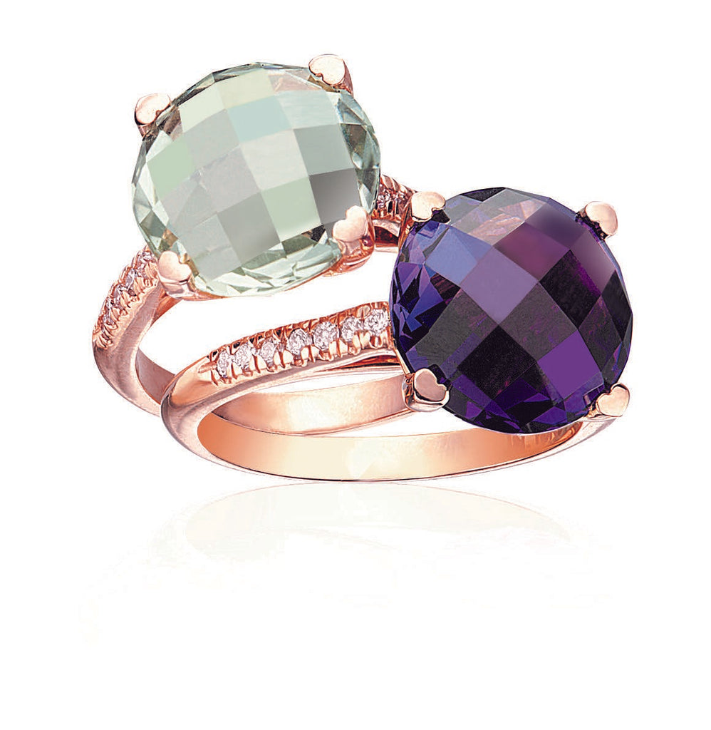 Green Quartz and Amethyst Ring with Diamonds
