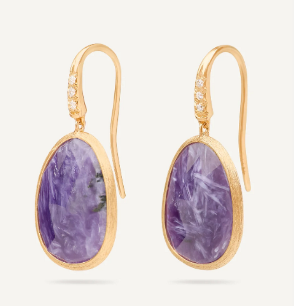 18K Yellow Gold Drop Earrings with Charoite and Diamond Accent LUNARIA