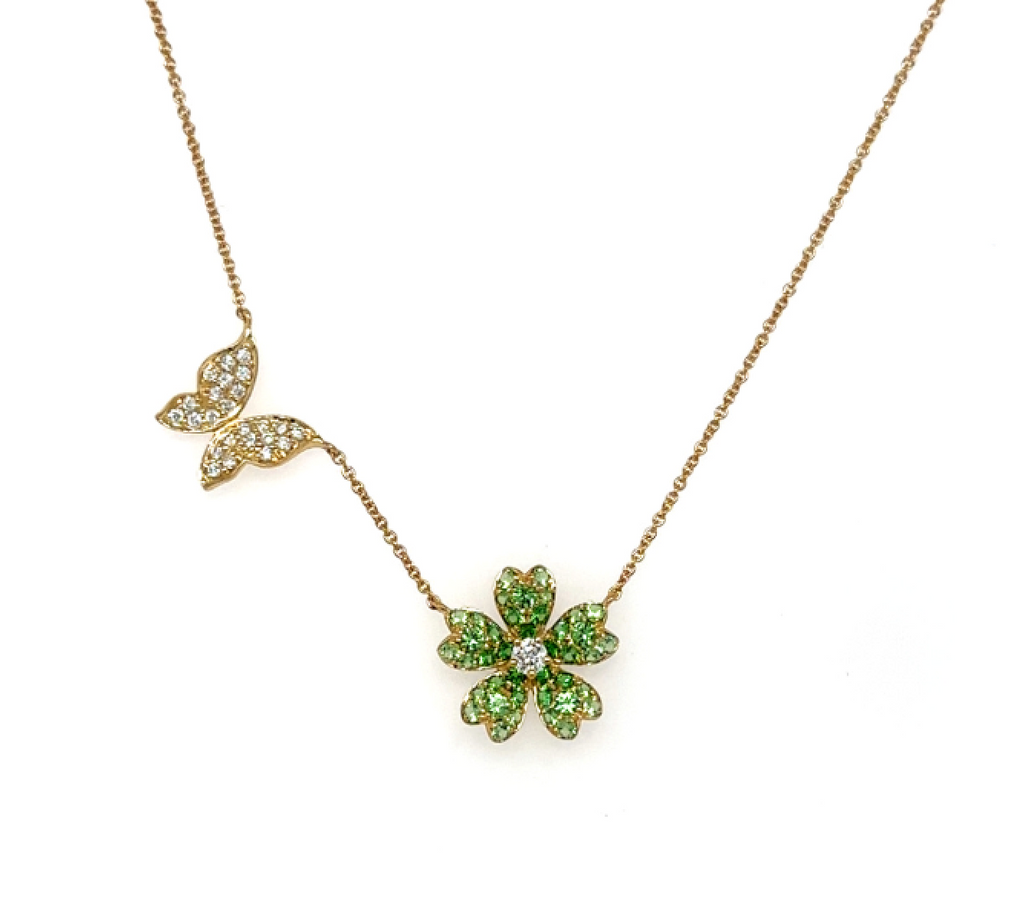 18K Yellow gold Tsavorite Garnet flower and butterfly necklace