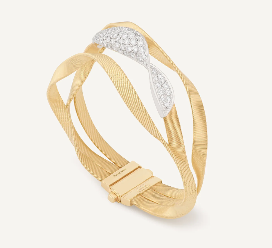 18K Yellow Gold Diamond Crossover Three Row Coil Bracelet