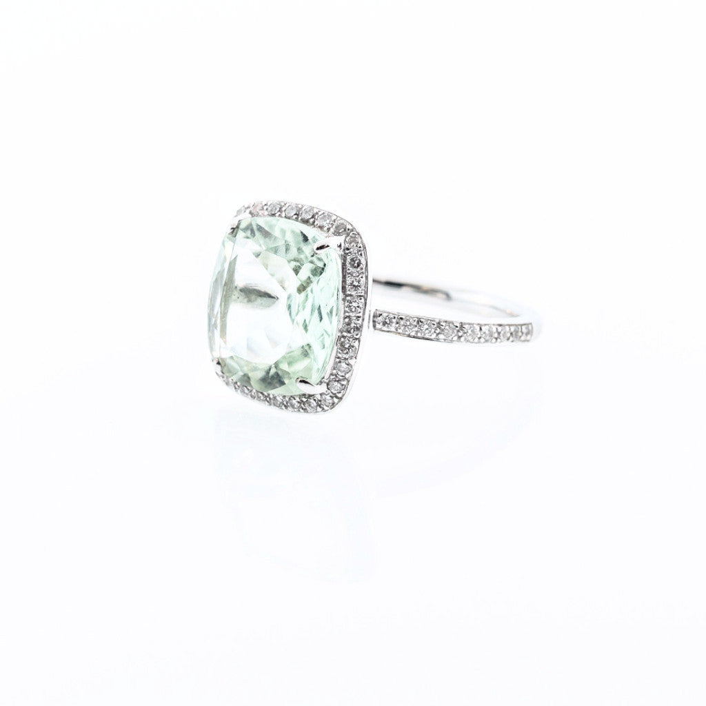 Green Amethyst Ring with Diamond Halo